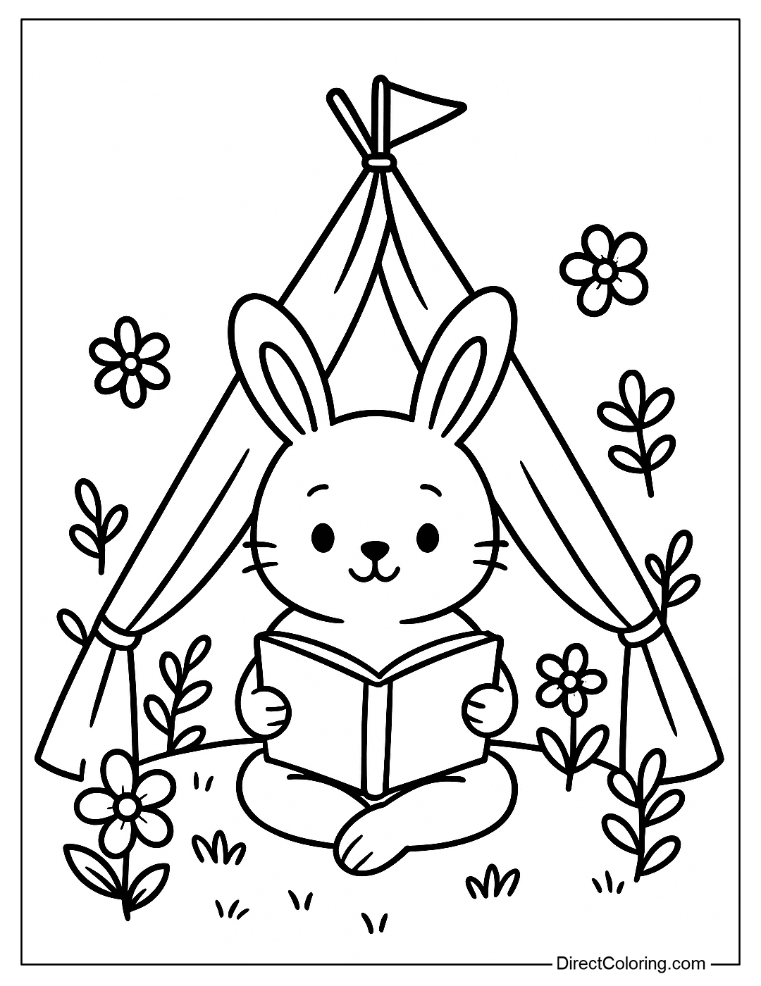 Coloring page of a little rabbit reading a book in a tent, surrounded by flowers